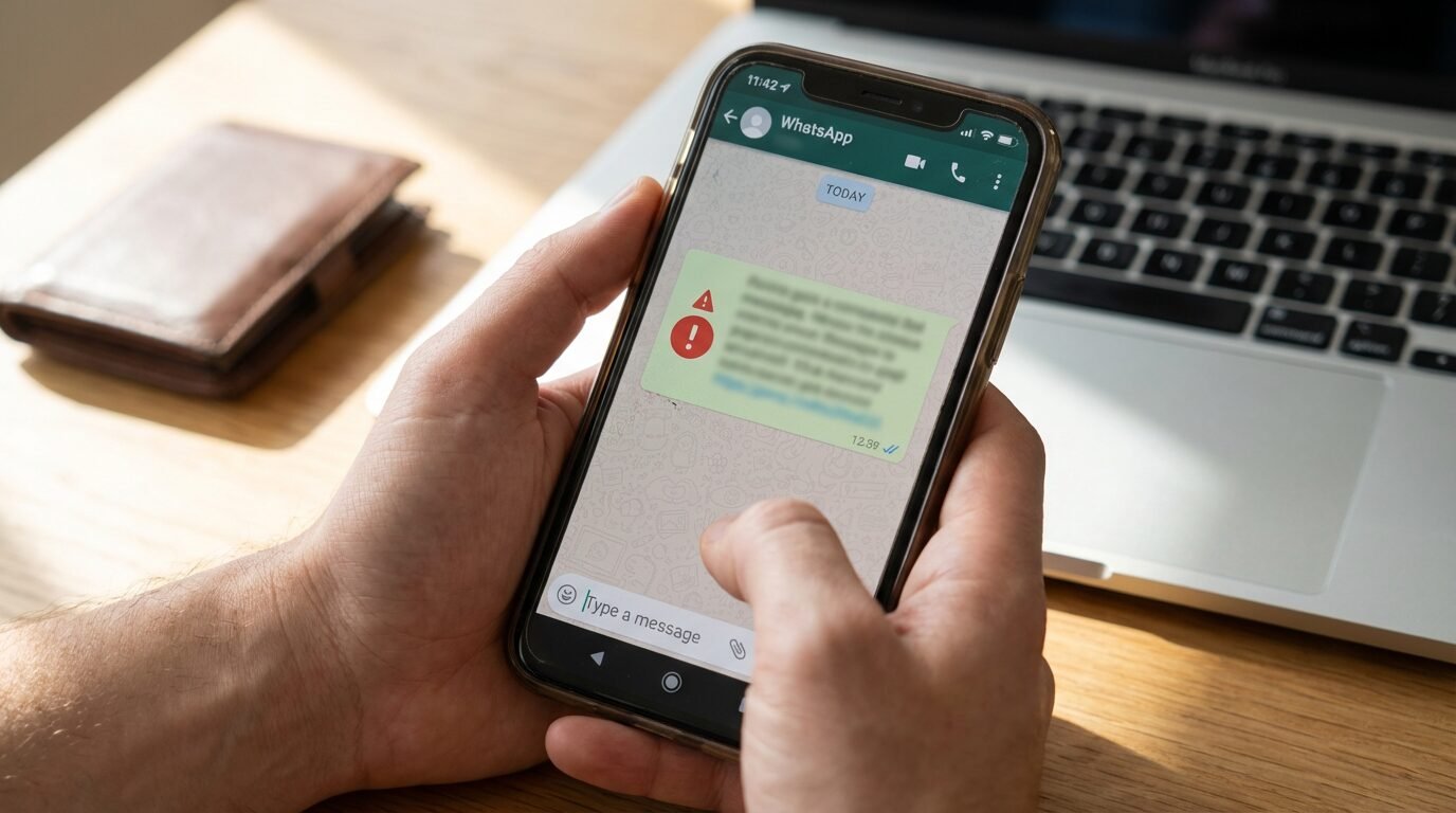 Pessoa usando WhatsApp no celular com alerta de golpe na tela