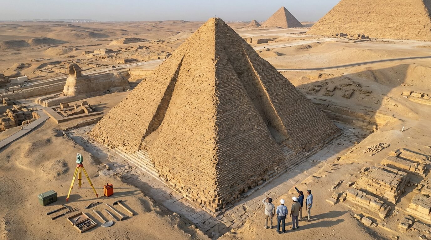 Vista aérea da Grande Pirâmide de Gizé mostrando a sutil concavidade das faces que cria oito lados