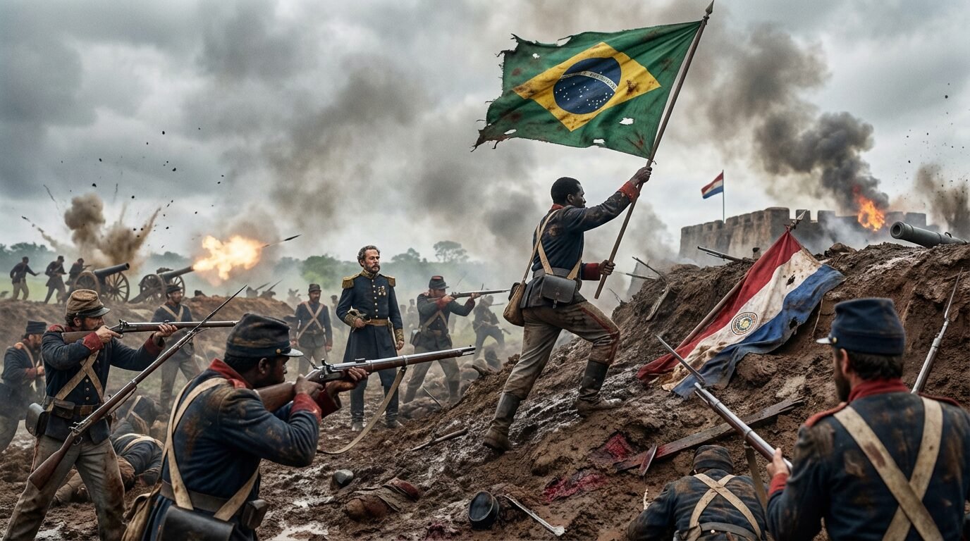 Soldados do Exército Imperial Brasileiro com bandeira do Império durante a Guerra do Paraguai, em posição de combate diante de um forte