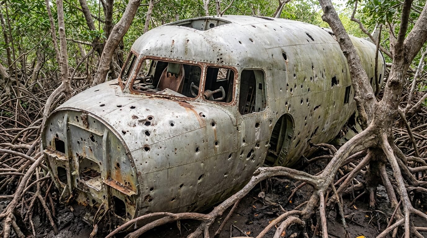 Destroços de avião de carga semienterrado em manguezal próximo a Celestun, na Península de Yucatán, com cockpit parcialmente visível