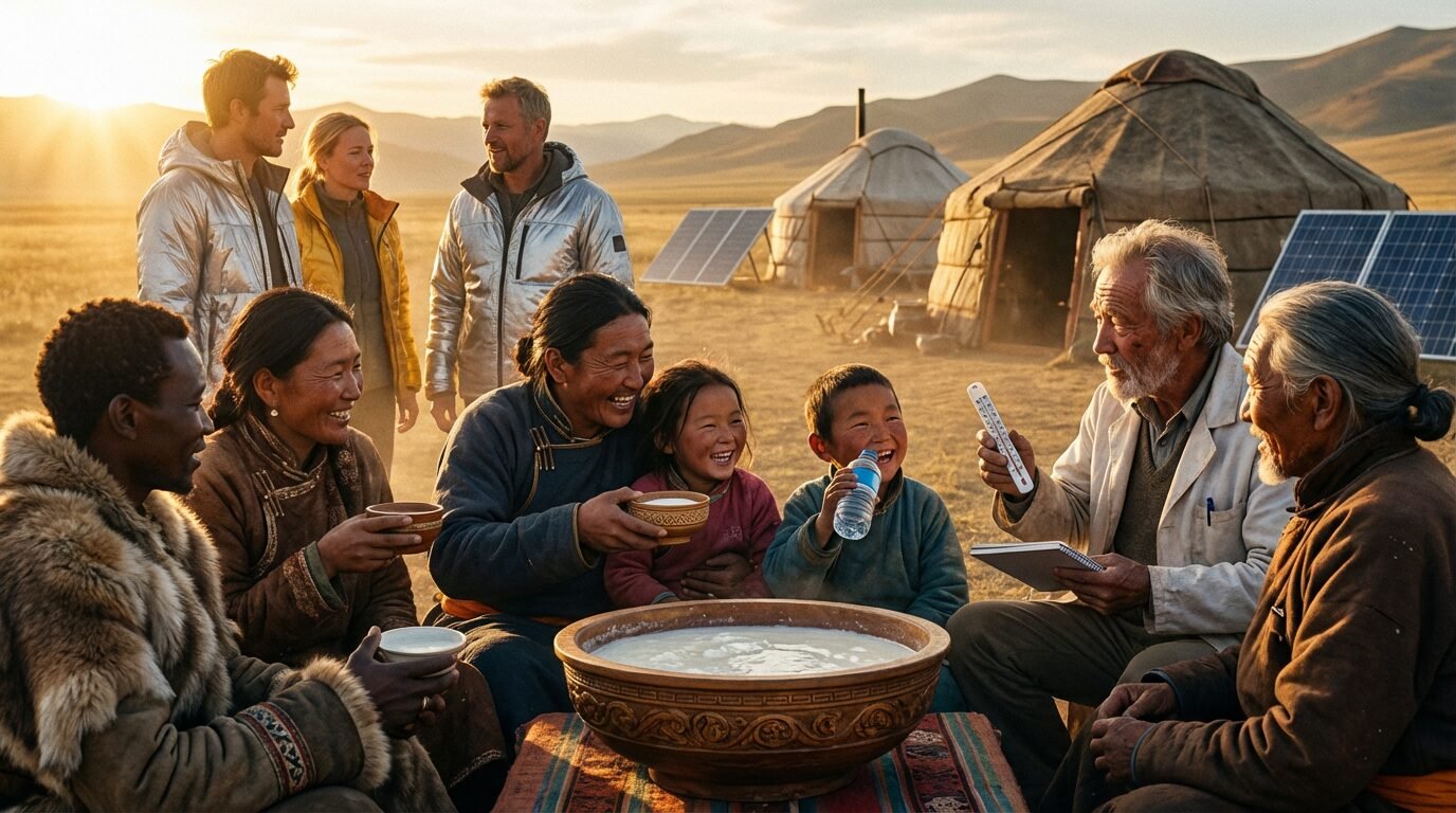Pessoas de diferentes origens sob luz solar e sombra, simbolizando adaptações de pele, dieta e resistência a doenças na evolução humana