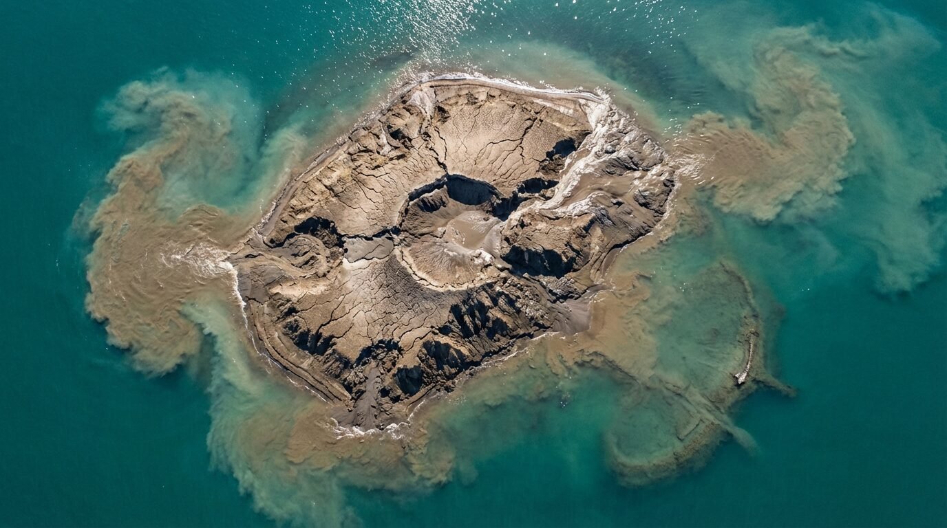 Imagem de satélite da ilha Chigil-Deniz no Mar Cáspio, próxima ao Azerbaijão, mostrando a porção de terra em processo de erosão
