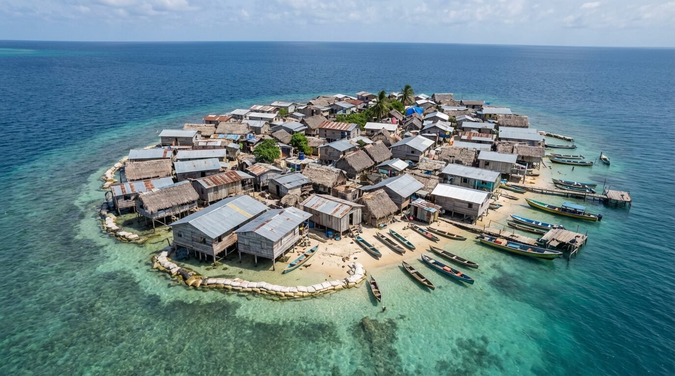 Vista aérea de Gardi Sugdub, pequena ilha em Guna Yala, Panamá, cercada por águas claras, com casas próximas ao litoral