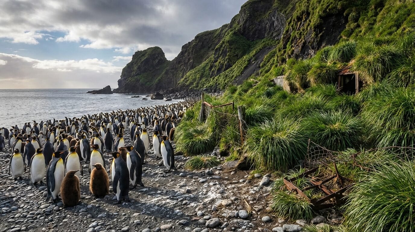 Pinguins-rei em praia de Macquarie com gramíneas Tussock regeneradas e penhascos ao fundo