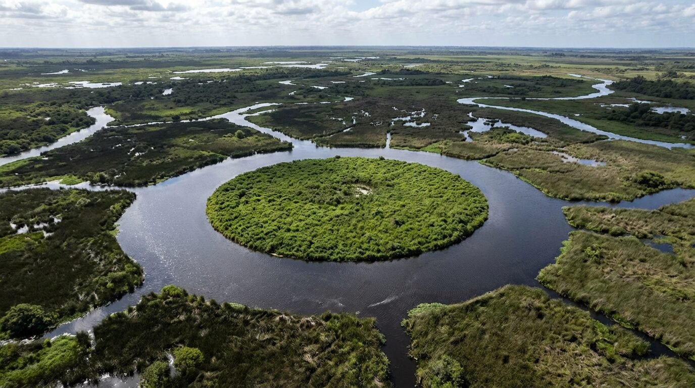 Vista aérea de El Ojo, ilha circular flutuante que gira em um lago no Delta do Paraná, a 60 km de Buenos Aires