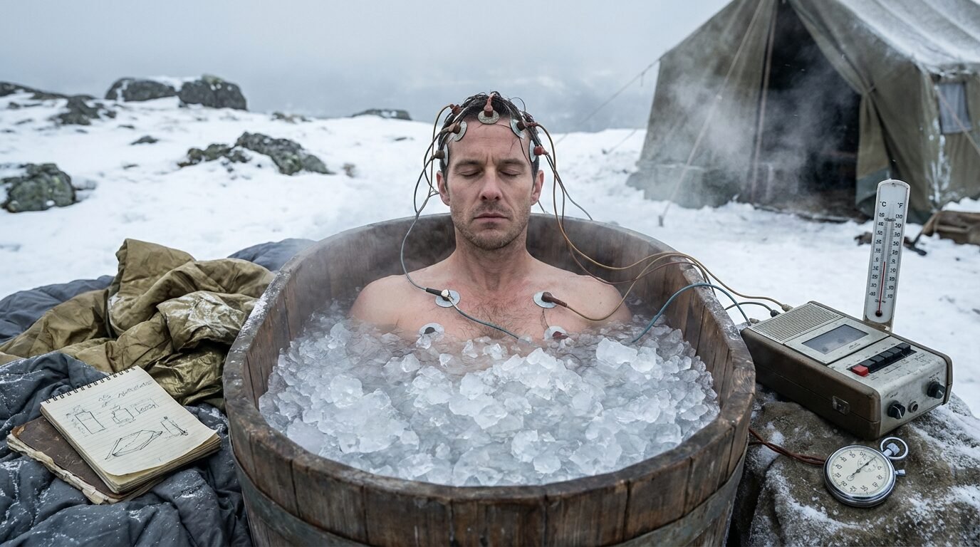 Pessoa mergulhando em um banho de gelo ao ar livre, com vapor visível e expressão de concentração