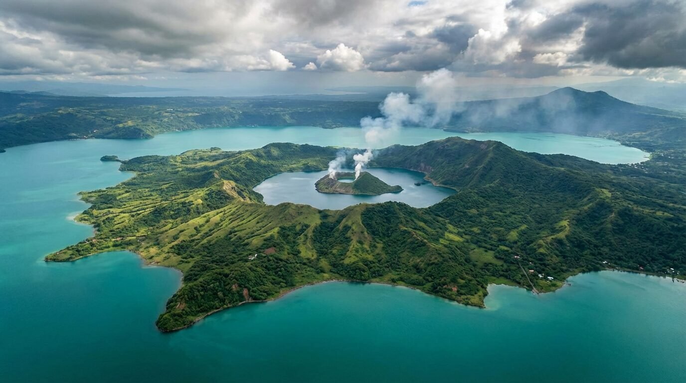 Vista aérea do vulcão Taal com o lago da cratera e a pequena ilha Ponto do Vulcão no centro
