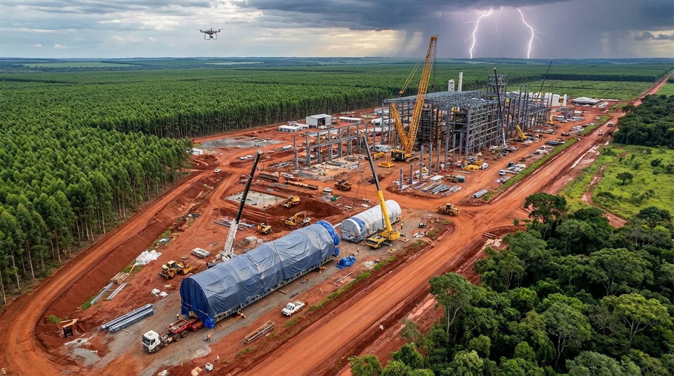 Vista do terreno e das plantações de eucalipto em Inocência, MS, onde será construída a fábrica de celulose do Projeto Sucuriú da Arauco