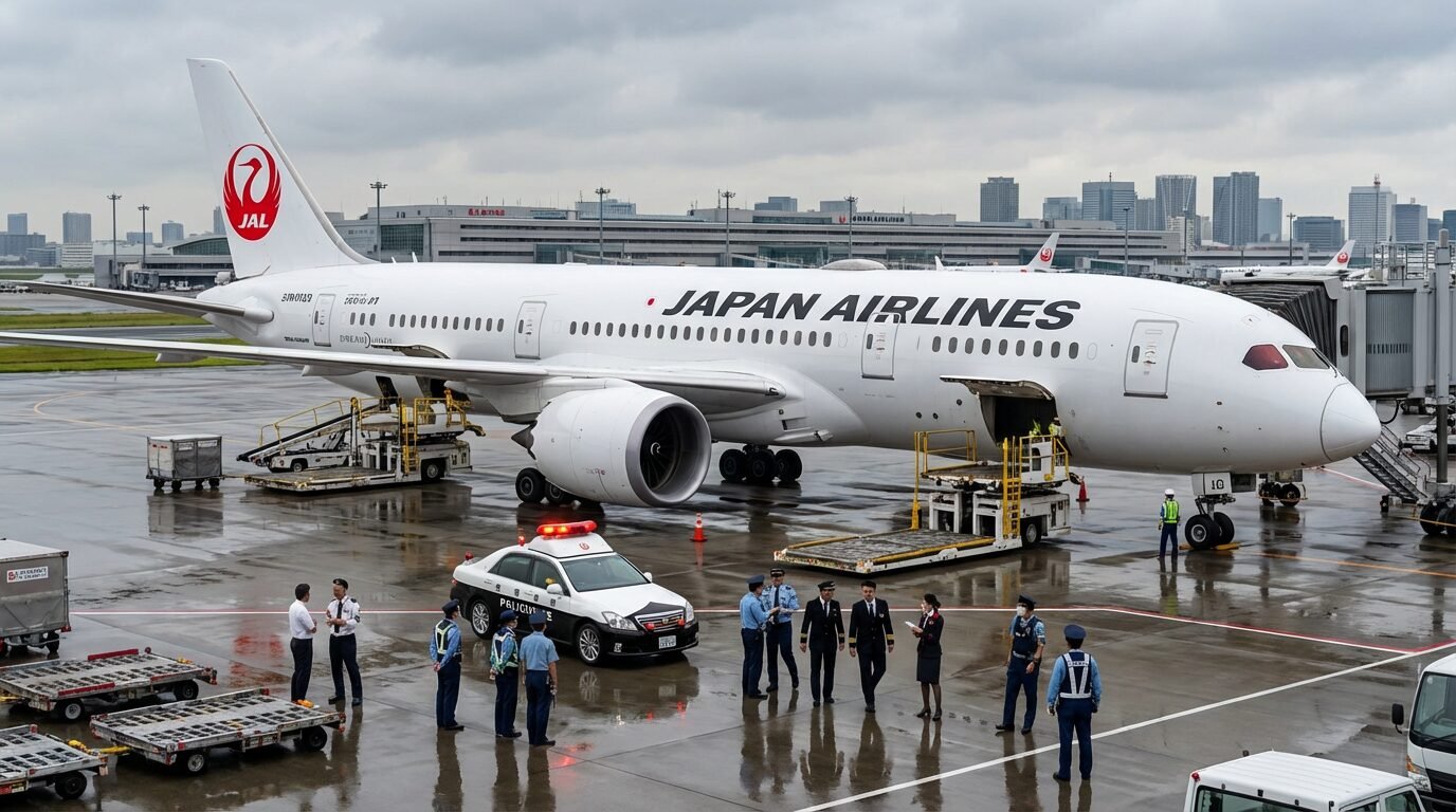 Aeronave da Japan Airlines estacionada no pátio de um aeroporto em Tóquio, com equipe de solo ao redor