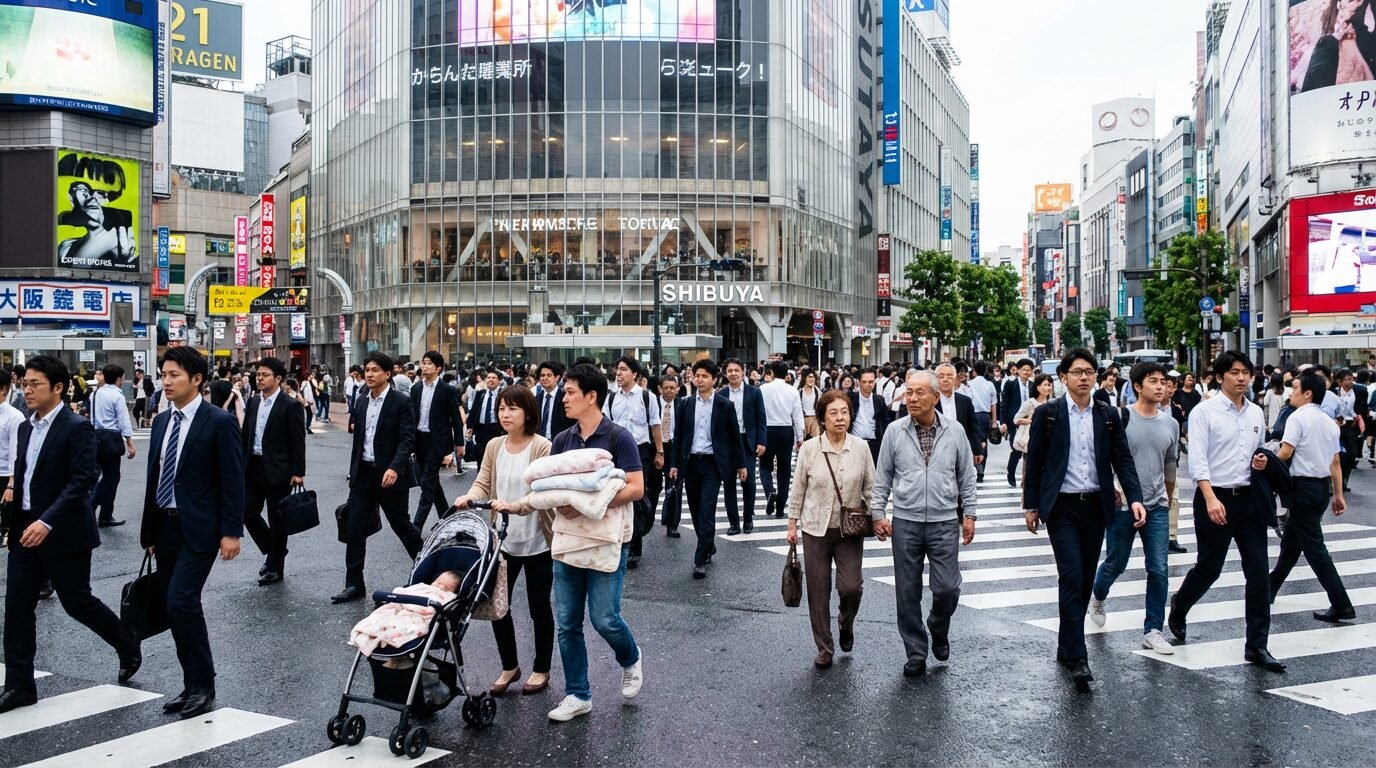 Pedestres atravessam cruzamento movimentado em Tóquio durante o expediente, representando o debate sobre a semana de quatro dias