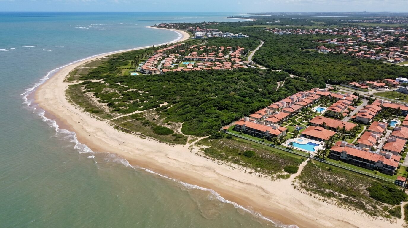 Vista aérea da região litorânea ao sul de Aracaju, incluindo áreas urbanizadas próximas às praias de Mosqueiro e Viral