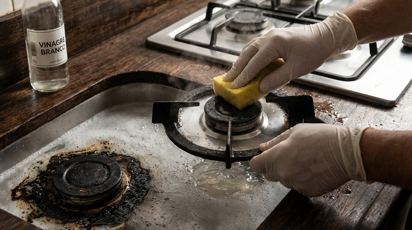 Mãos limpando bocas do fogão com esponja após deixá-las de molho em mistura de vinagre branco, sabão neutro e álcool