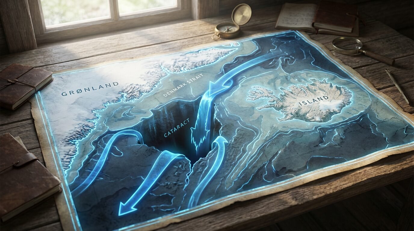 Corrente fria afundando sob água quente no Estreito da Dinamarca entre Islândia e Groenlândia, formando a maior cachoeira submarina do mundo
