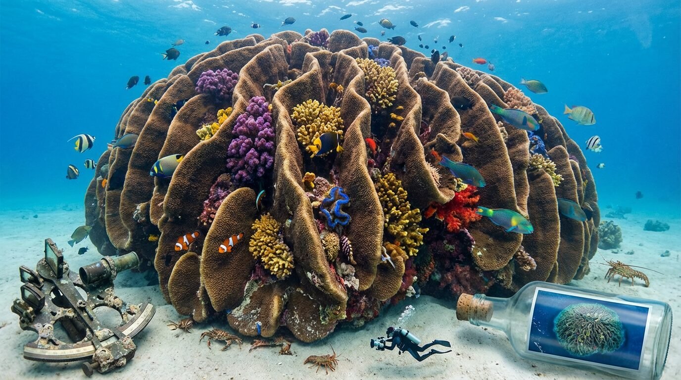 Coral gigante no Pacífico nas Ilhas Salomão, com mais de 30 metros e visível em imagens de satélite