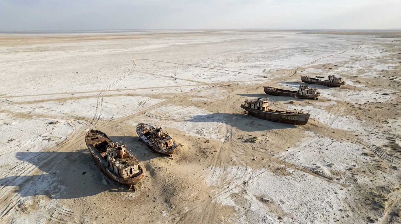 Leito seco do Mar de Aral com barcos encalhados no deserto de Aralkum entre Cazaquistão e Uzbequistão