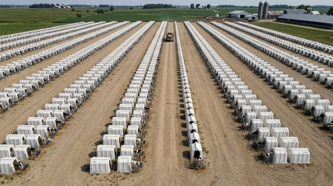 Cabanas individuais de plástico alinhadas abrigando bezerros em grande fazenda leiteira de Wisconsin