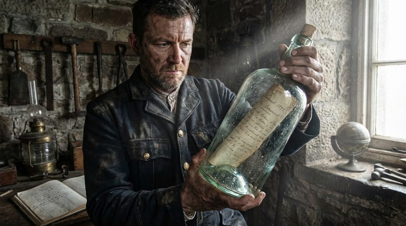 Engenheiro segura garrafa antiga com mensagem de 1892 no farol de Corsewall, Escócia