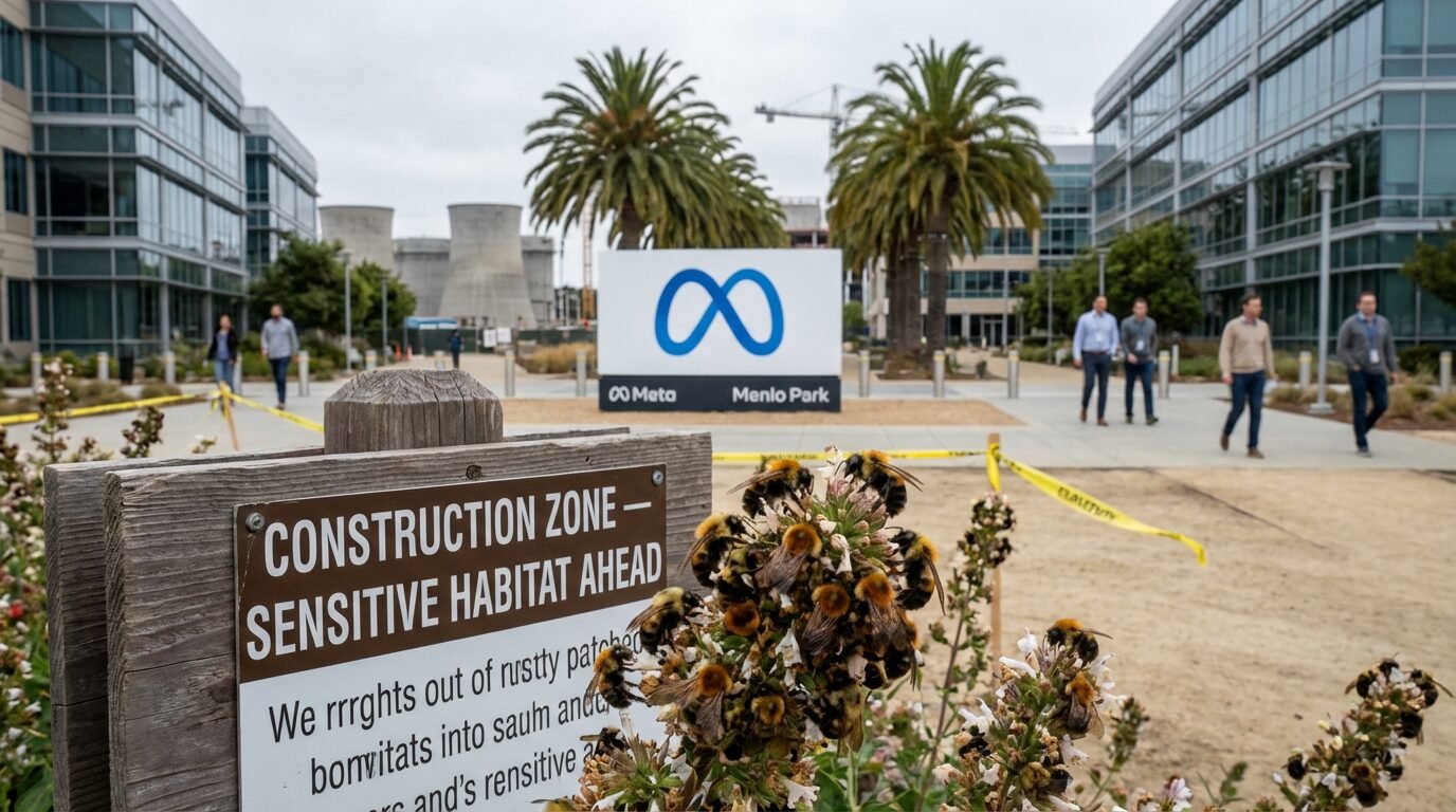 Entrada da sede da Meta com logotipo em destaque em Menlo Park, Califórnia