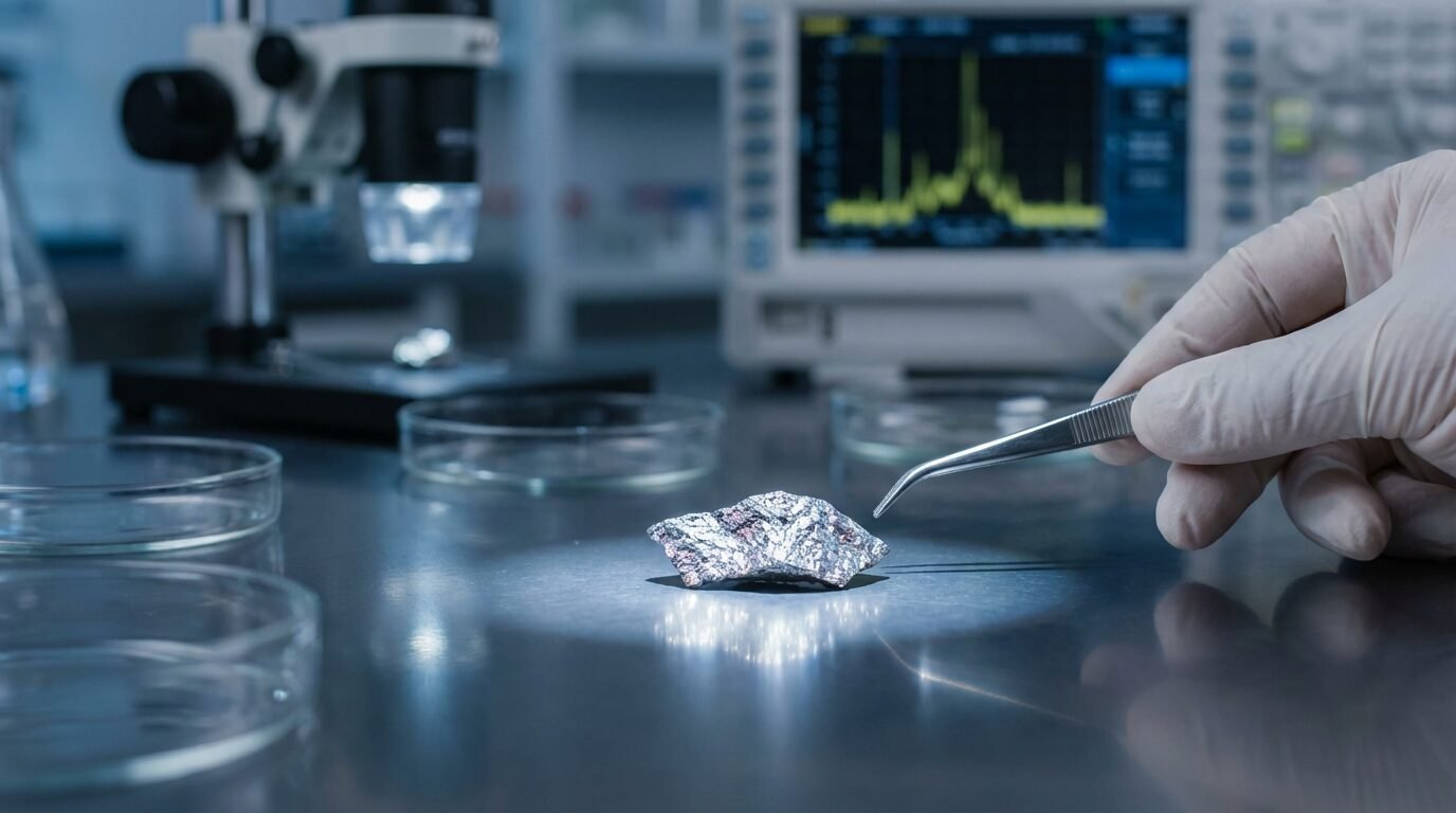 Amostra metálica sobre bancada de laboratório com equipamentos de medição ao fundo