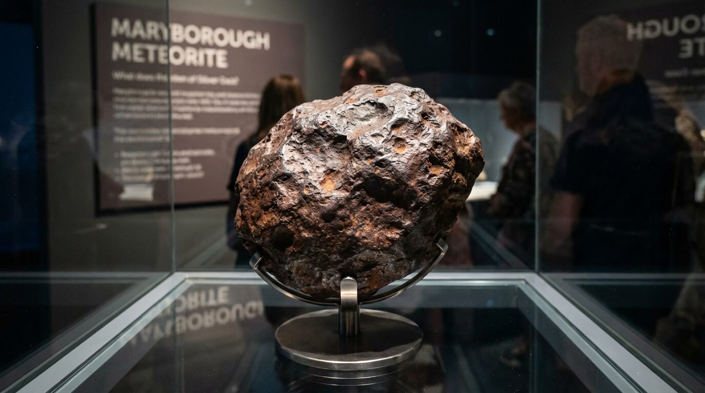Meteorito Maryborough, pequeno e avermelhado, exposto no Museu de Melbourne com placa informativa