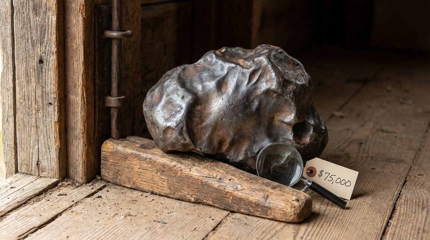 Meteorito metálico de aproximadamente 10 kg exibido em suporte, com superfície escura e textura irregular