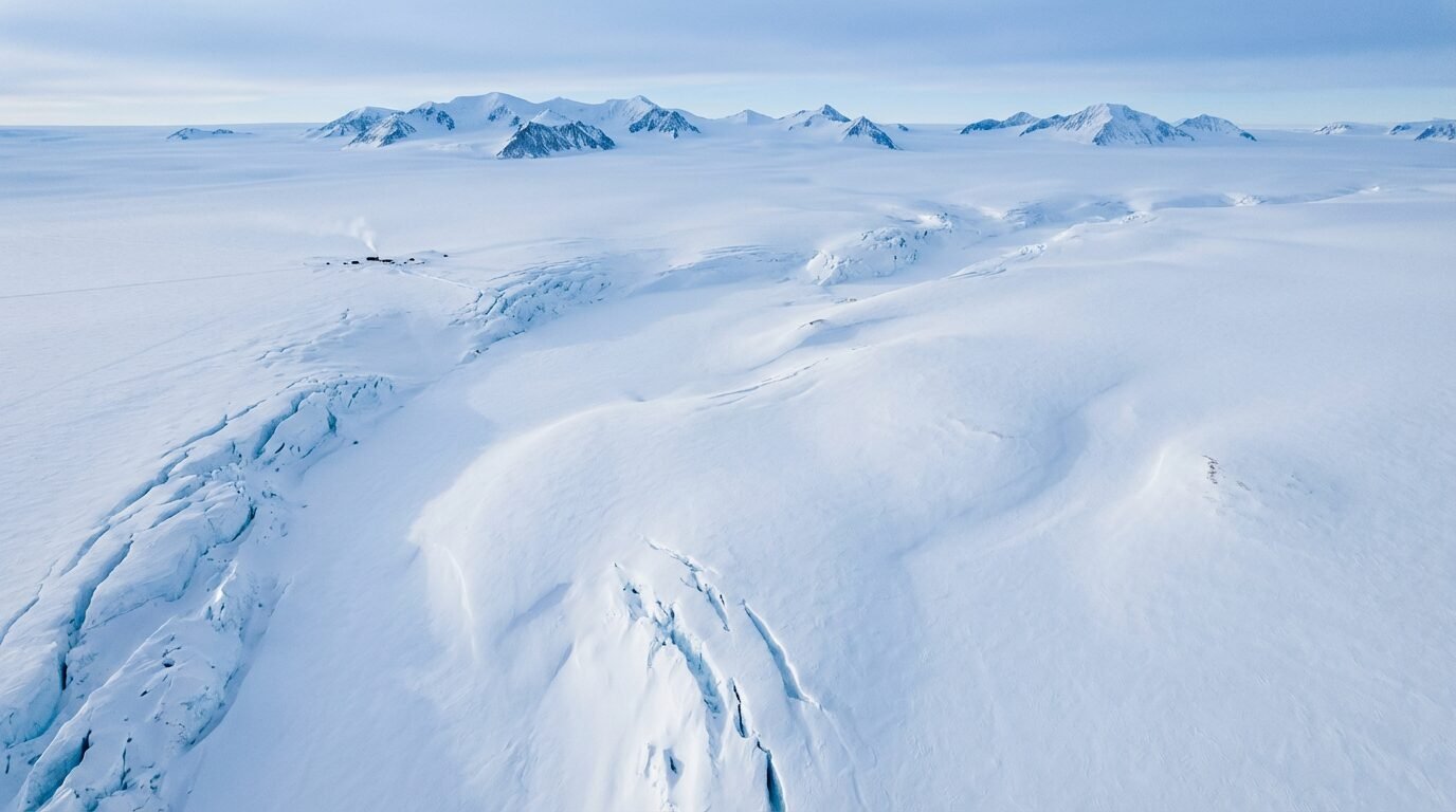 Superfície de gelo na Antártida com fendas e planícies que escondem vales e lagos subglaciais