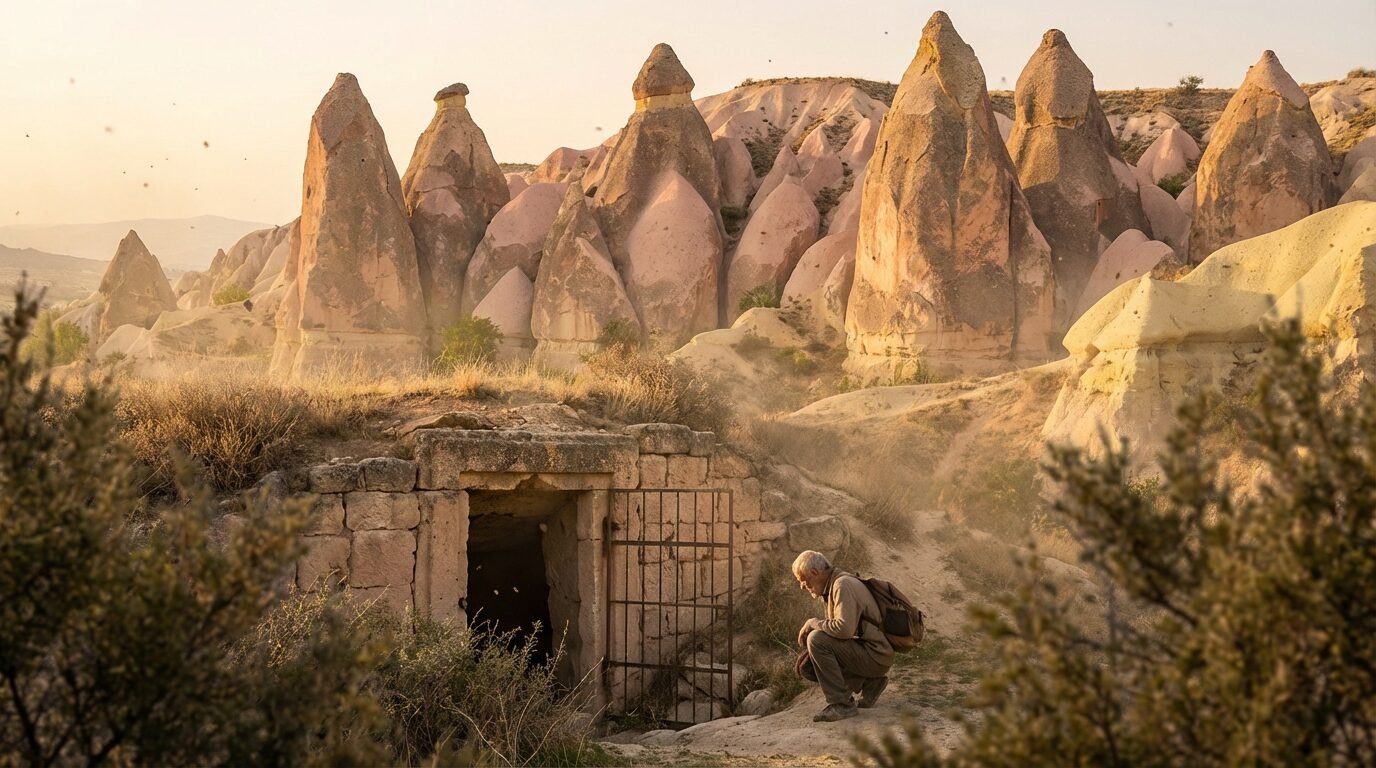 Formações rochosas em forma de chaminés na Capadócia com a região de Derinkuyu ao fundo