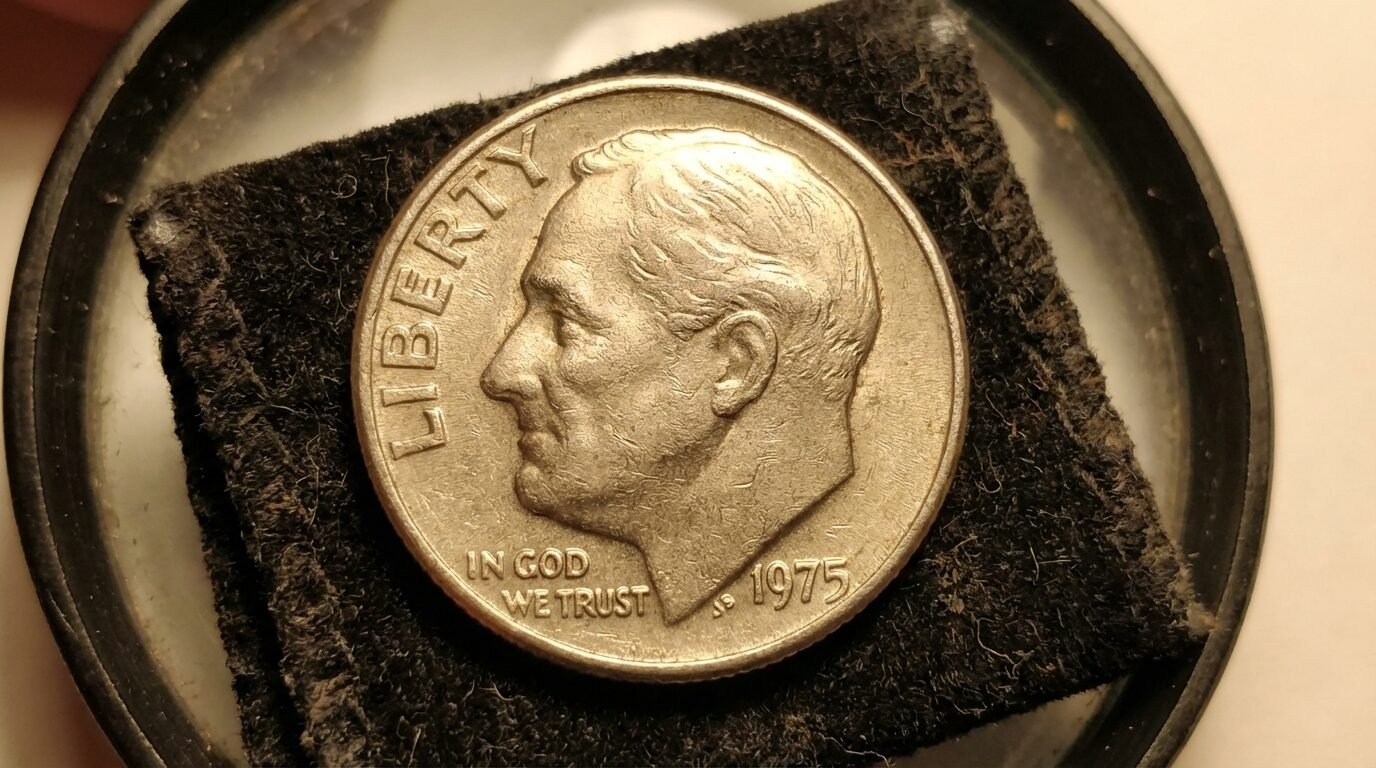 Moeda americana de 10 centavos de 1975 com Franklin D. Roosevelt e sem a marca S