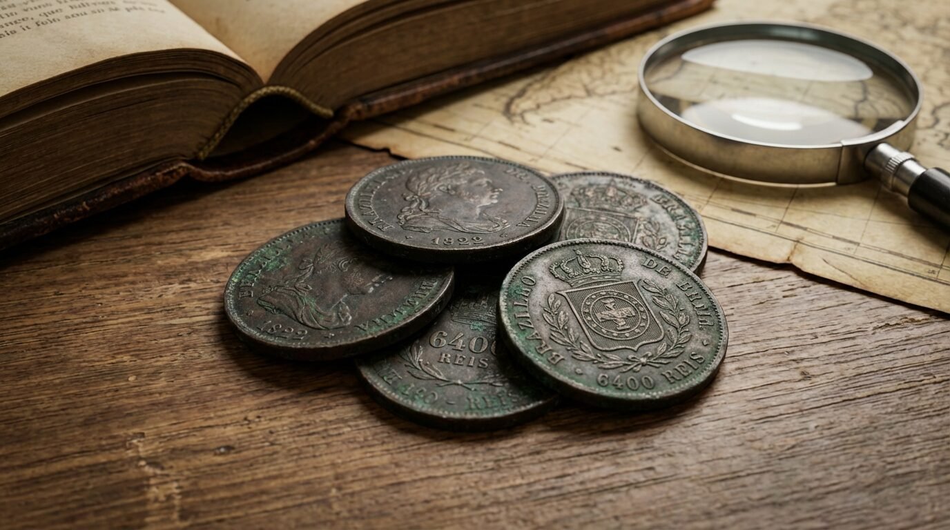 Moedas antigas brasileiras de réis do período imperial, com detalhes em relevo e pátina natural