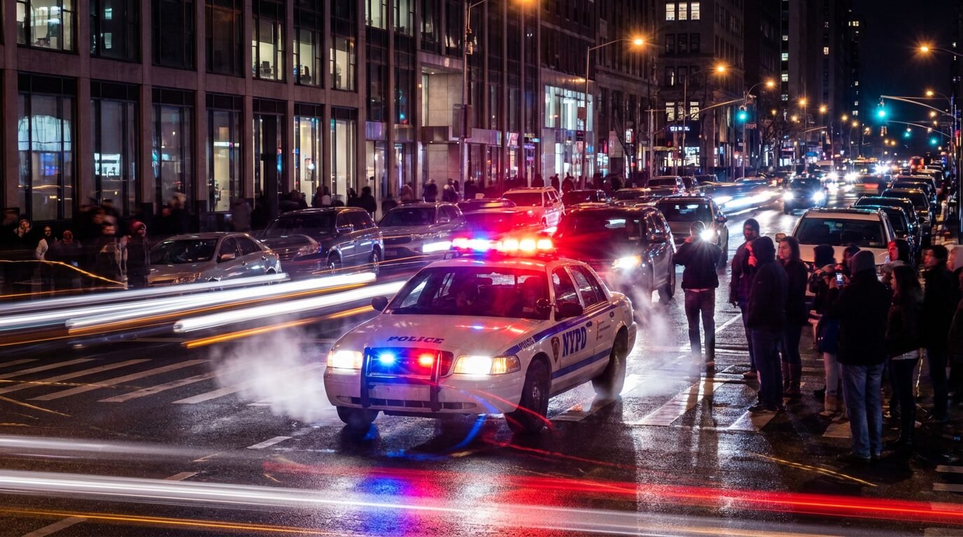 Viatura de polícia com luzes vermelhas e azuis acionadas em via urbana à noite