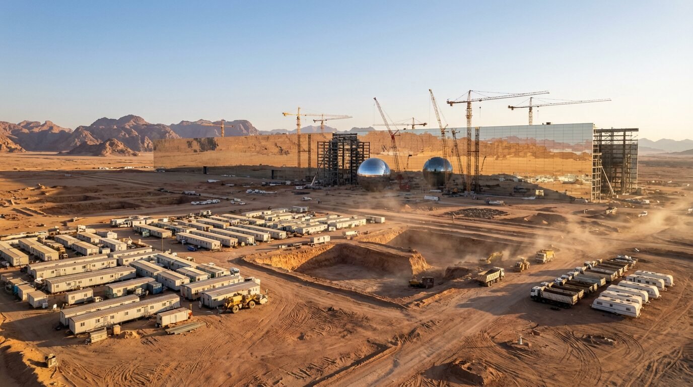 Obras de grande porte no deserto da Arábia Saudita com estruturas lineares refletivas do projeto The Line em NEOM
