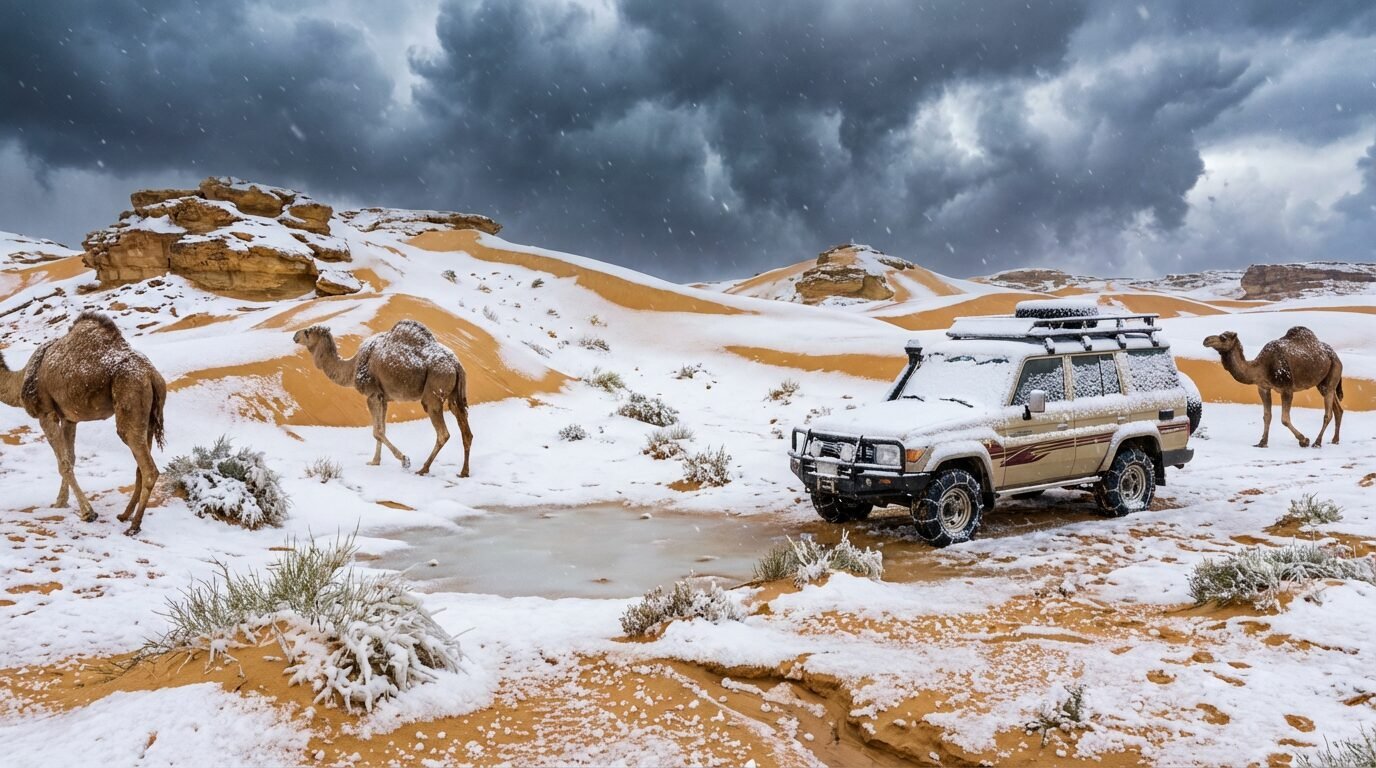 Neve cobrindo parte do deserto na região de Al-Jawf, na Arábia Saudita, com areia parcialmente branca e céu nublado