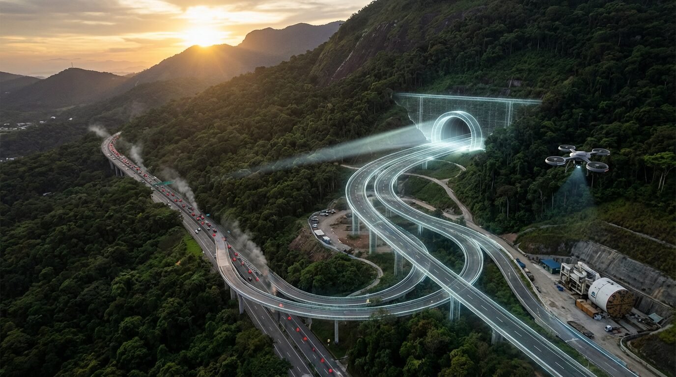 Vista da Serra do Mar e traçado da Rodovia dos Imigrantes, com projeto de túnel de mais de 6 km ligando interior e litoral