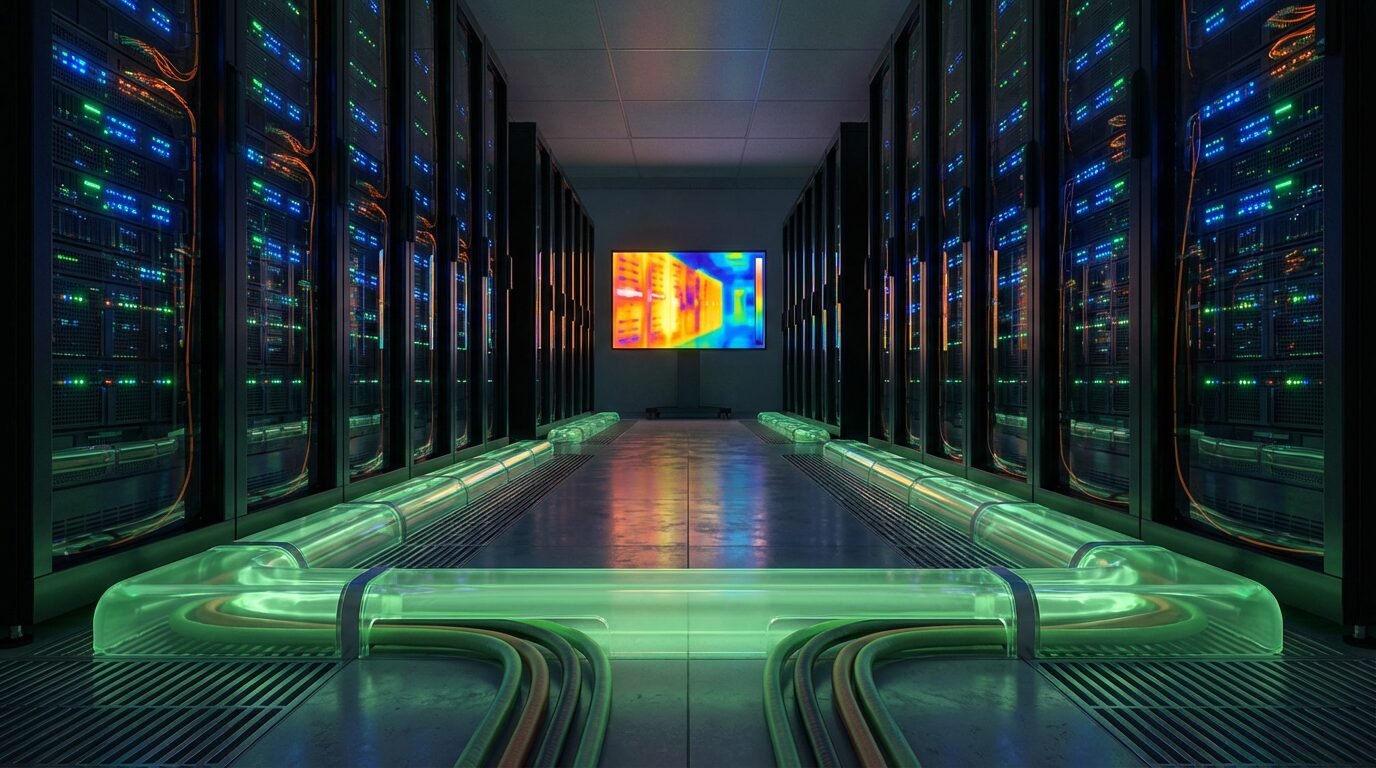 Corredor de data center com racks de servidores e luzes indicando operação intensa, representando alto consumo de energia elétrica