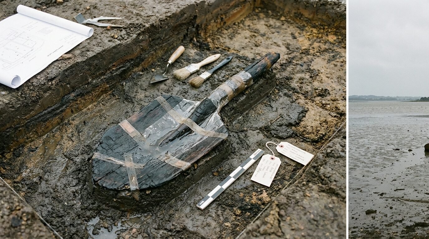 Pá de madeira da Idade do Bronze recém-descoberta em Poole Harbour, parcialmente coberta por sedimento úmido
