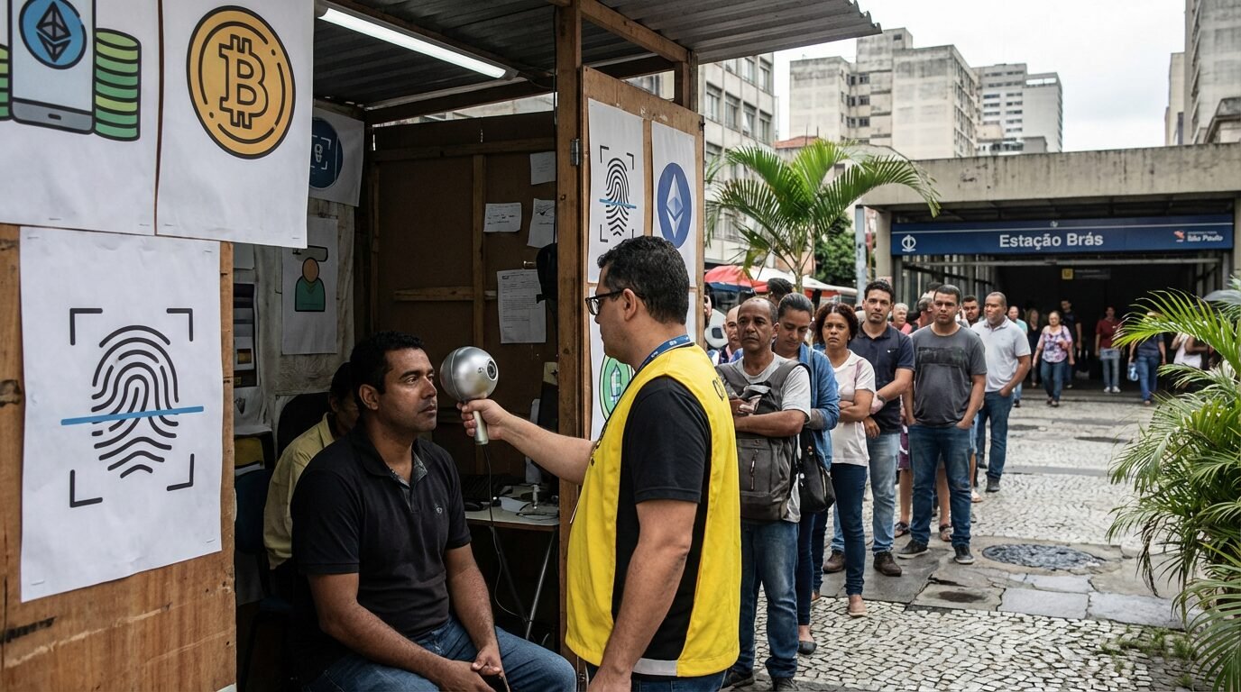 Pessoa tem a íris escaneada pela câmera Orb da World em ponto de verificação na periferia de São Paulo, com fila ao fundo