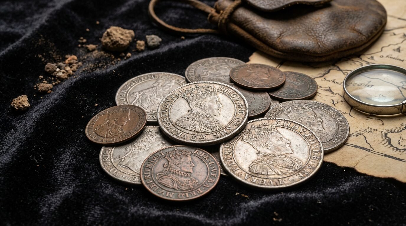 Moedas antigas dos séculos 16 e 17 encontradas por pai e filho em floresta perto de Pomiechówek, Mazóvia, Polônia