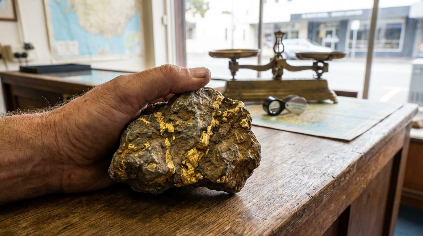 Pepita grande com veios de ouro incrustada em rocha, segurada por avaliador em loja de Geelong, Victoria, Austrália