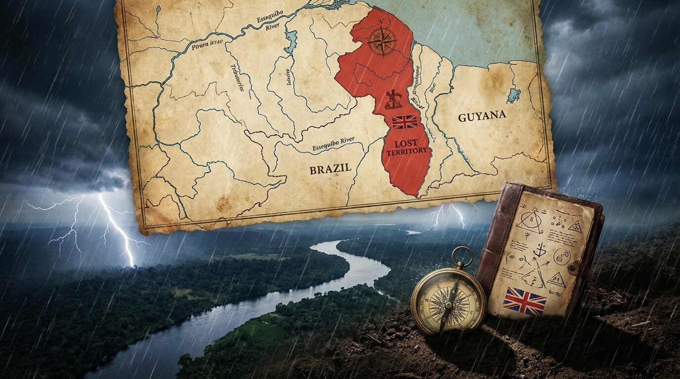 Mapa de Pirara na fronteira norte do Brasil e da Guiana com destaque para o rio Essequibo e a bacia amazônica