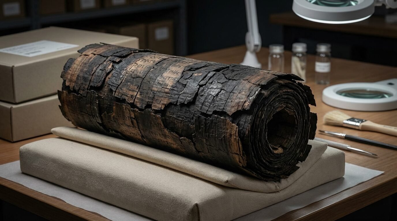 Pergaminho carbonizado PHerc. 172 em suporte nas Bibliotecas Bodleianas, com superfície escura e camadas enroladas visíveis