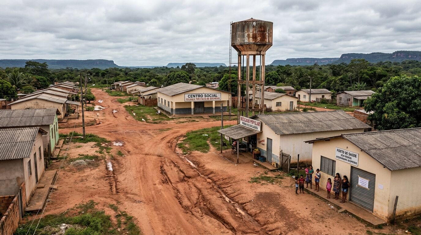 Vista de Uiramutã em Roraima com ruas simples e sinais de infraestrutura limitada