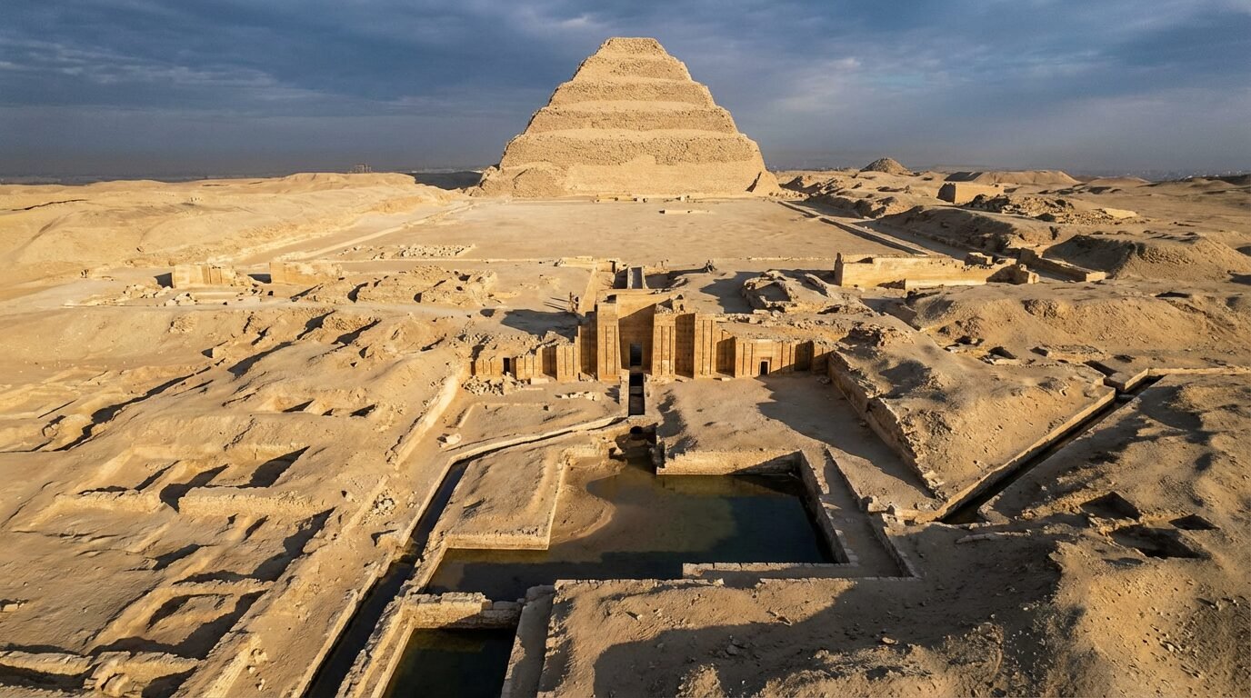 Pirâmide de Degraus de Djoser em Saqqara com área ao sul e planalto onde teriam existido estruturas hidráulicas subterrâneas