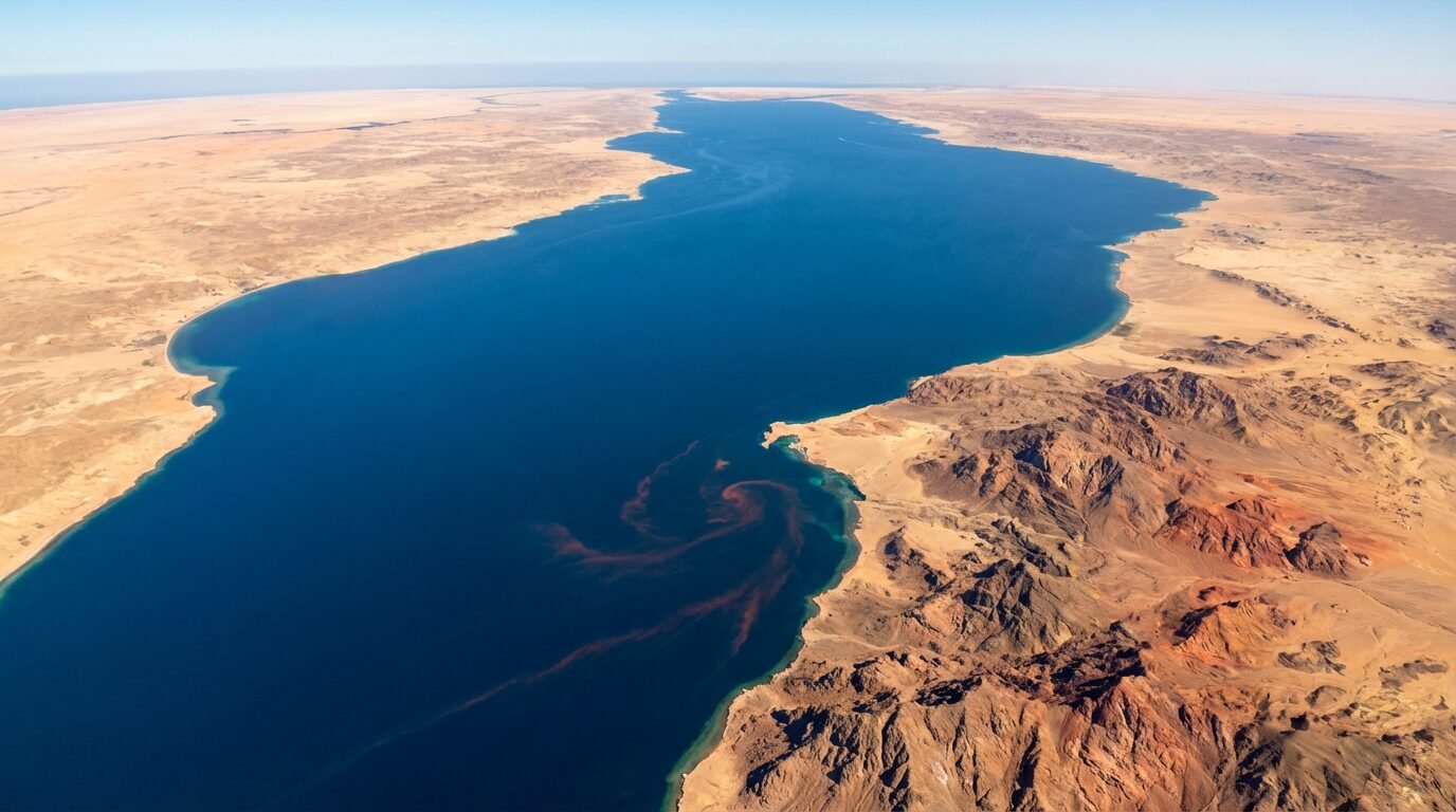 Vista aérea do Mar Vermelho entre a África e a península Arábica com montanhas avermelhadas no sul do Sinai