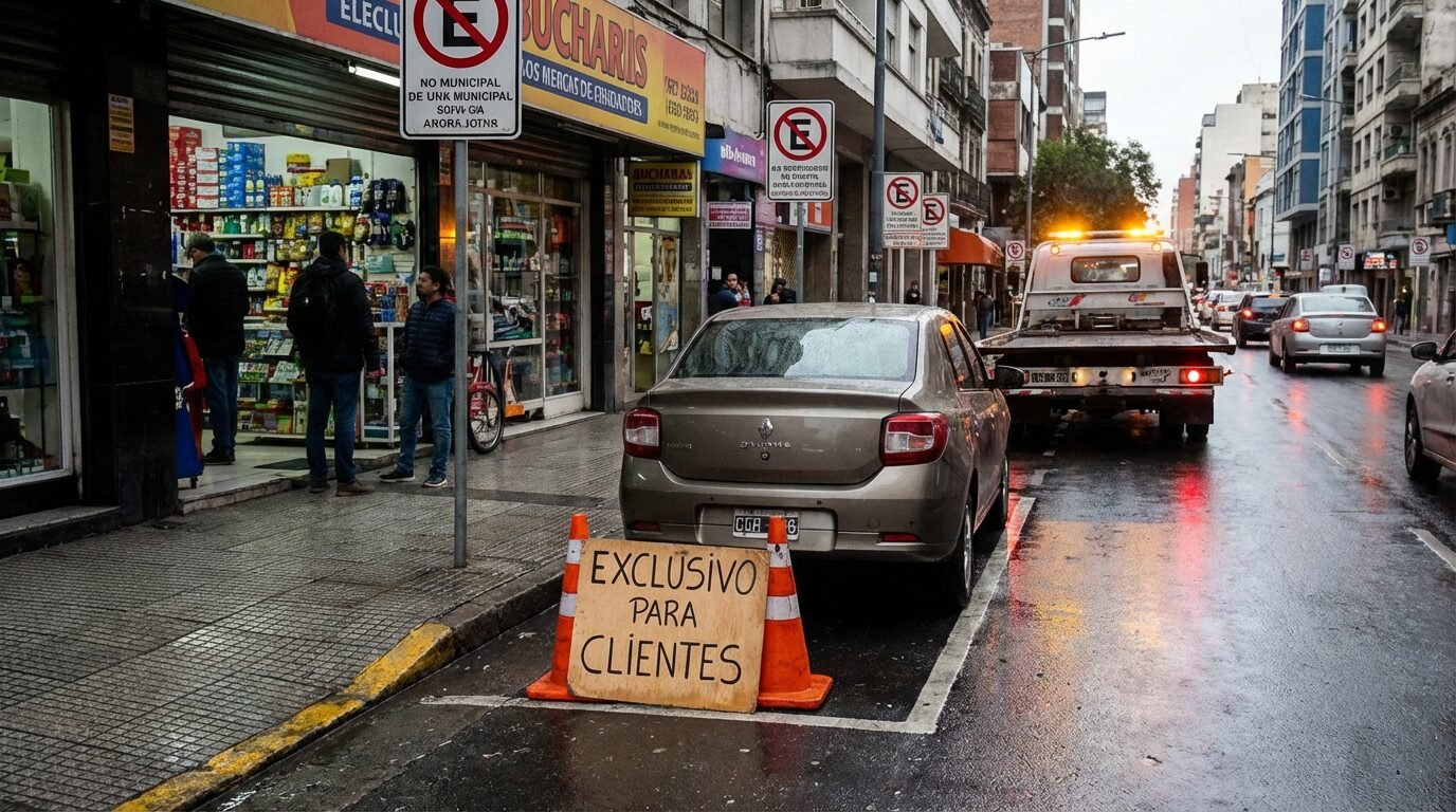 Carro estacionado no recuo em frente a uma loja com placa de exclusivo para clientes e cones na calçada