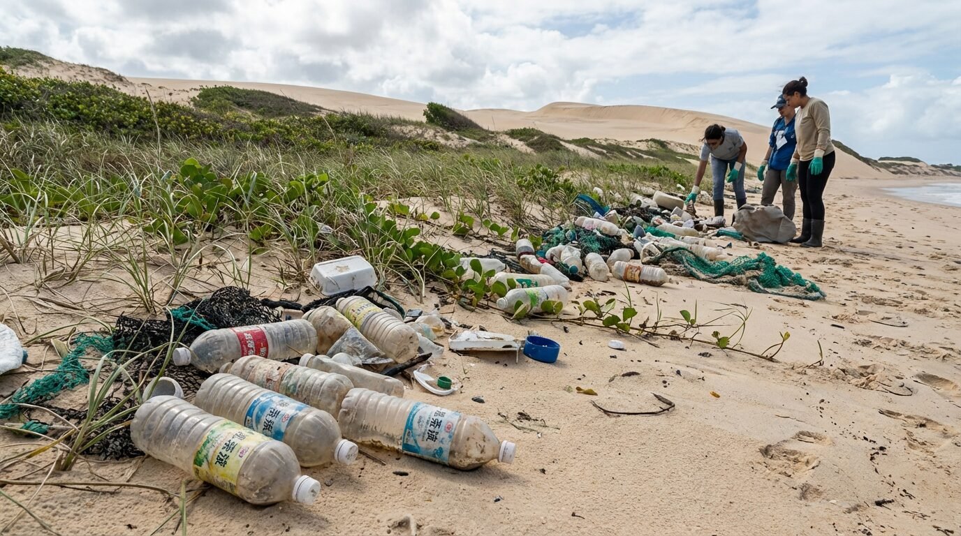 Embalagens plásticas e garrafas estrangeiras espalhadas na areia da Praia do Segredo, em Natal, com dunas ao fundo