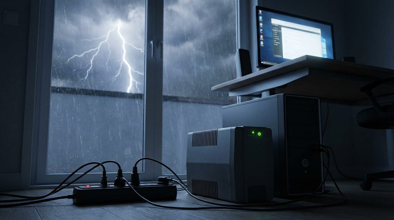 Régua filtro de linha ligada a computador durante tempestade com raios ao fundo