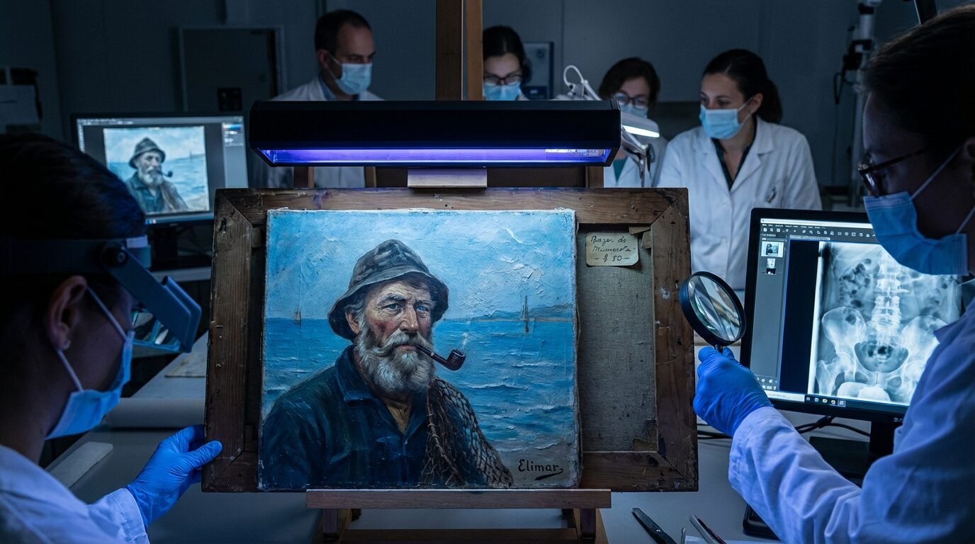 Pintura de pescador com cachimbo em praia, assinatura Elimar, investigada como possível obra de Vincent van Gogh