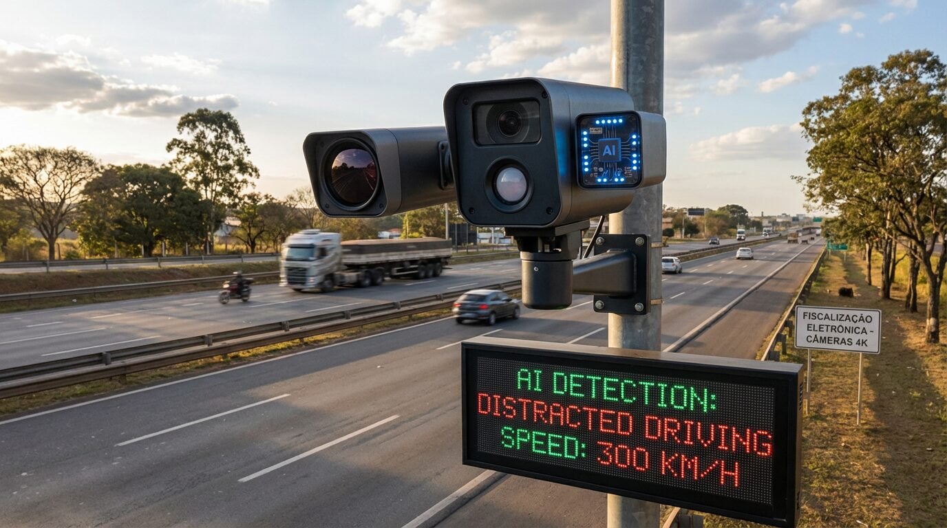 Radar com câmera em alta resolução instalado em poste às margens de rodovia movimentada em São Paulo