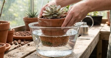 Rega por imersão recupera suculentas ressecadas em poucos dias, evita apodrecimento e corrige erros comuns de irrigação domiciliar