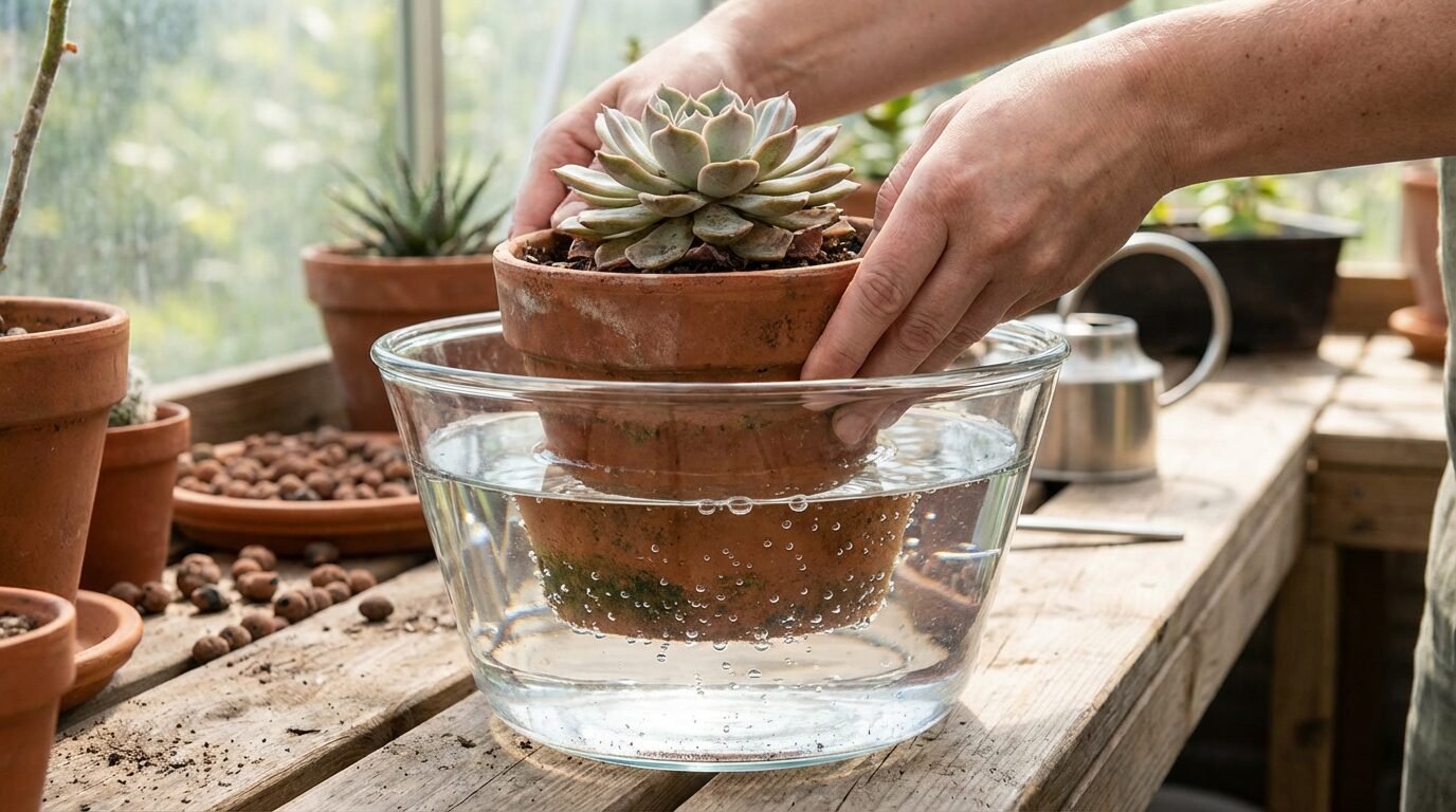 Vaso de suculenta sendo parcialmente imerso em uma bacia com água, cobrindo dois terços da altura do vaso